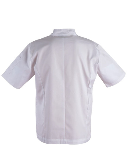 A short sleeve chef's jacket in white, featuring a simple design and a logo on the back.