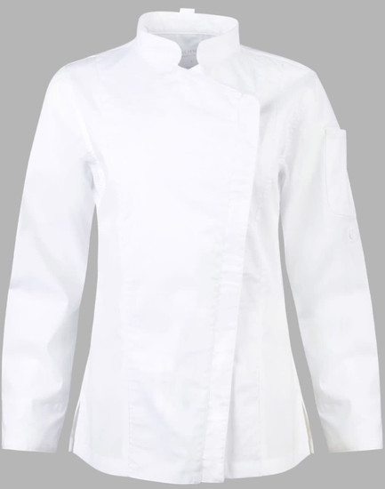 A white ladies' functional chef jacket with a mandarin collar and a sleeve pocket. Features include a stylish asymmetric design.