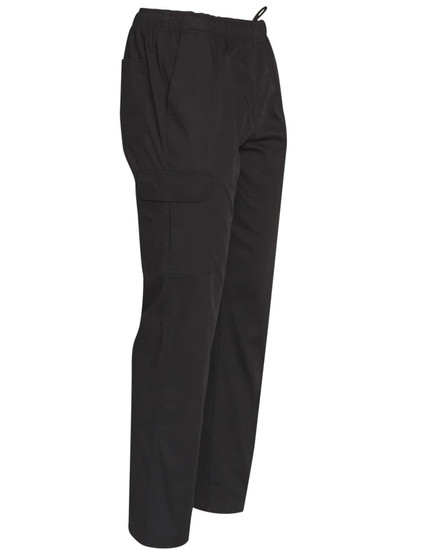 Men's functional chef pants in black, featuring an elastic waistband and pockets, with a logo present.