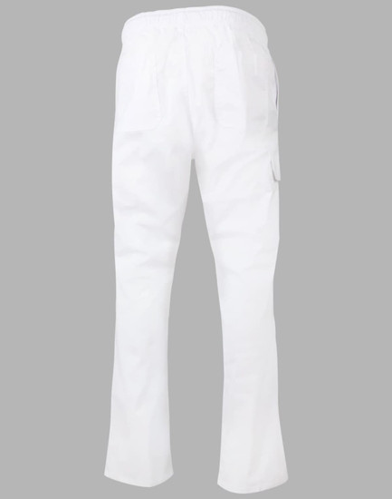 Men's functional chef pants in white, featuring an elastic waistband and side pockets. The design includes a logo.