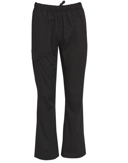 Black functional chef pants with an elastic waistband and a side pocket. Features a simple design and a logo.