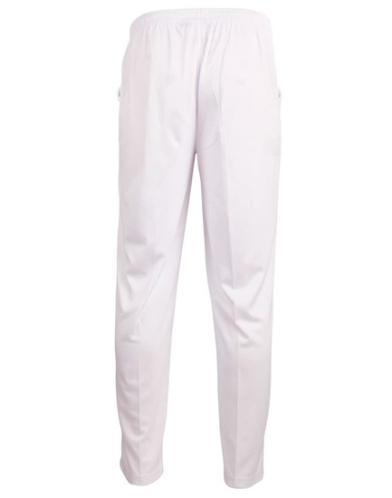 White kids' cricket pants with an elasticised waist and pockets, featuring a subtle logo.