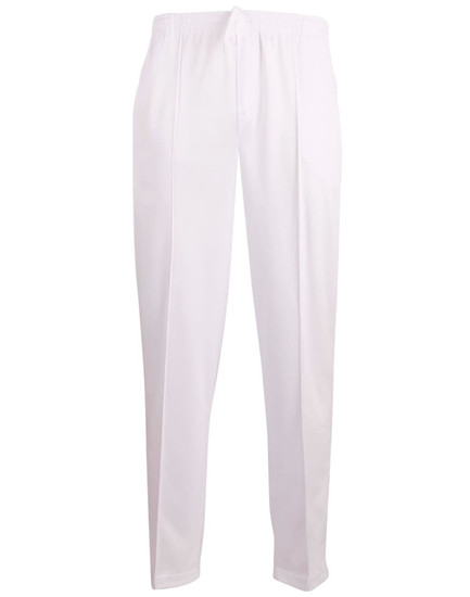 White kids' cricket pants featuring an elastic waistband and a minimalist design. Includes a logo on the waistband.