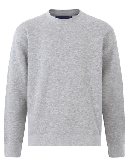 A grey crewneck fleece jumper featuring long sleeves and a simple design. It has a branding logo.
