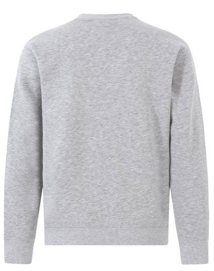 A grey crew fleece jumper featuring a plain back design and a logo.