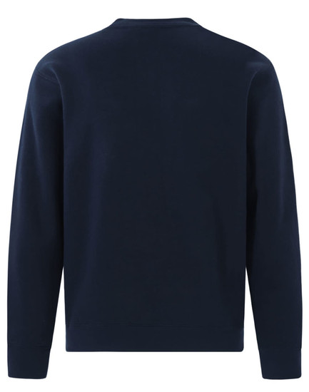 A navy crew neck fleece jumper with long sleeves and a plain back design. It features a logo on the front.