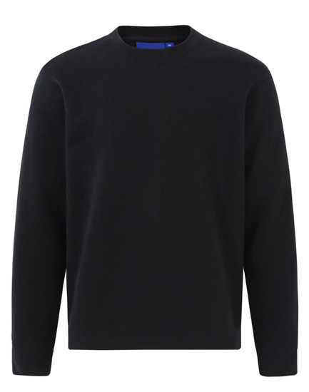 A black kids' crew neck fleecy sweater with long sleeves and a simple design. It features a logo on the label.