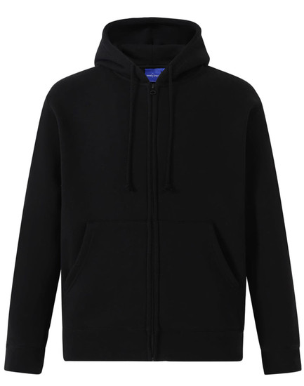 A men's full-zip fleecy hoodie in black with a hood and front pockets. It features a logo on the garment.
