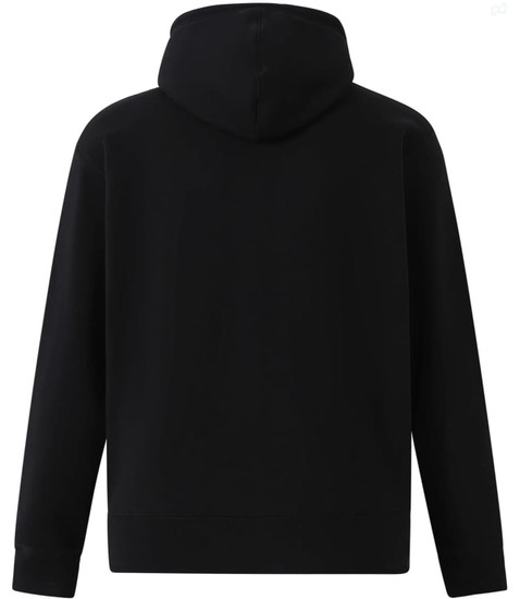 A black men's full-zip fleecy hoodie with a hood and ribbed cuffs, featuring a logo on the back.