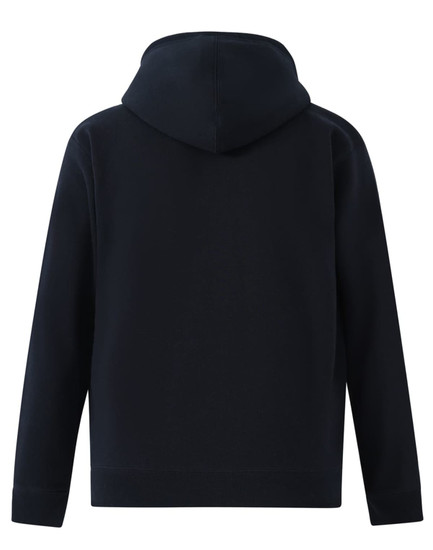 A men's full-zip fleecy hoodie in navy blue, featuring a hood and long sleeves, with a logo on the back.