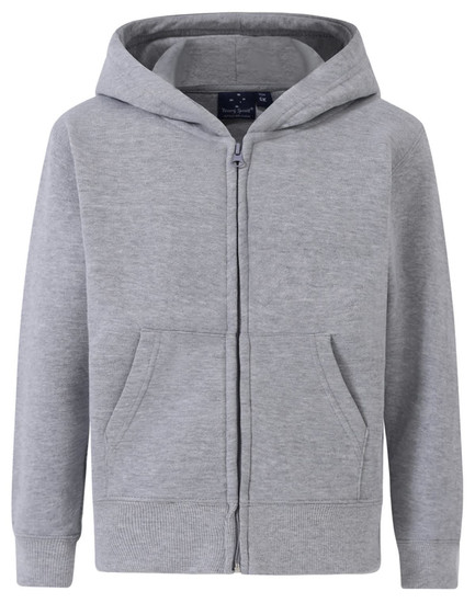 A grey full-zip fleecy hoodie with a hood and front pockets, featuring a logo on the chest.