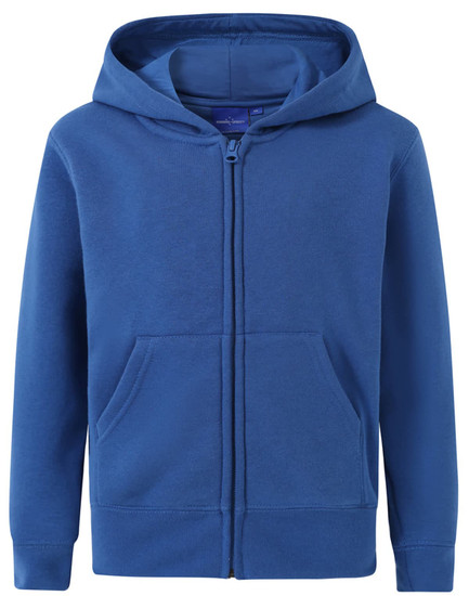 A blue full-zip fleecy hoodie featuring a hood and front pockets, with a logo displayed.