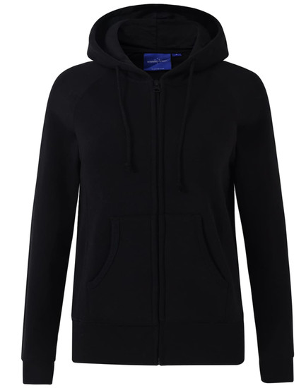 A black full-zip fleecy hoodie featuring a hood and front pockets, with a logo on the front.
