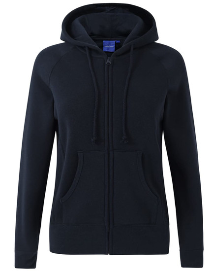 A navy full-zip fleecy hoodie featuring a hood and front pockets, with a logo on the fabric.