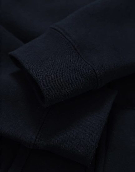 A close-up of a navy full-zip fleecy hoodie showcasing the cuffs and fabric texture. It has a logo.