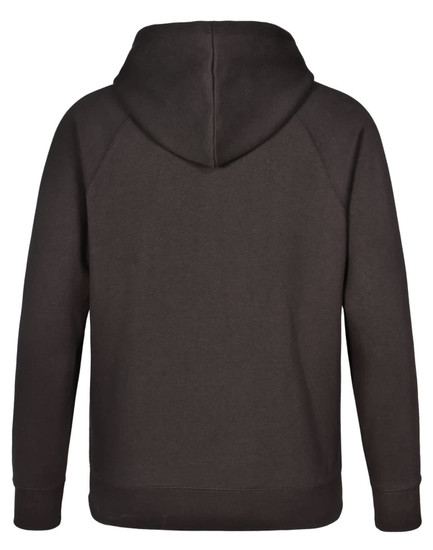 A dark brown men's fleecy hoodie featuring a hood and long sleeves. Includes a logo on the back.