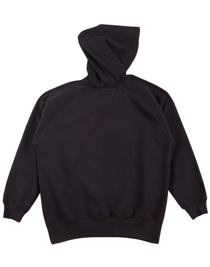 A black kids' fleece hoodie with a hood and raglan sleeves, featuring a plain back and ribbed cuffs.