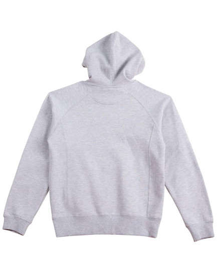 A grey ladies' fleece hoodie with a hood and ribbed cuffs, featuring a clean, simple design in the back.