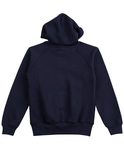 A navy ladies' fleecy hoodie featuring a drawstring hood and ribbed cuffs. Includes a logo on the back.