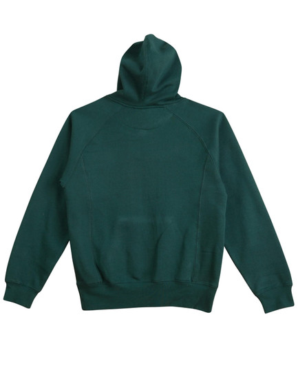 A dark green ladies' fleecy hoodie featuring a hood and a simple design on the back. Includes branding.