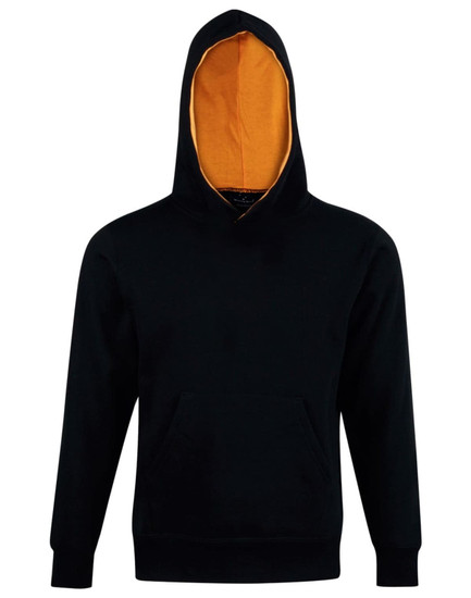 A black hoodie with a contrasting orange lining, featuring a front pocket and a hood. It has a logo.