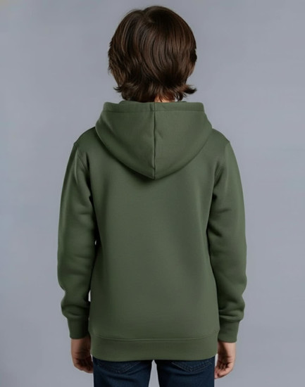 A green fleece hoodie for kids, featuring a close front design and a hood, shown from the back.