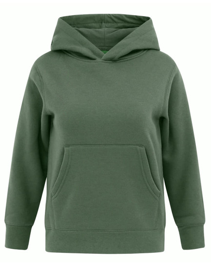 A green kids' hoodie with a front pocket and a contrast fleecy interior. It features a hood and long sleeves.