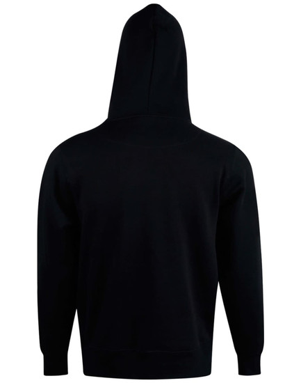 A kids' hoodie in black with a hood, featuring a simple design and a logo on the back.