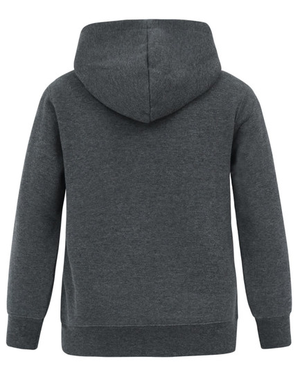 A grey fleece hoodie with a close front and hood. The back view highlights its simple design.