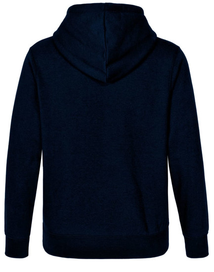 A dark navy hoodie with a front pocket and a contrasting hood. Includes a logo on the garment.