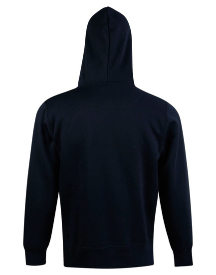 A black fleece hoodie with a close front and a hood, featuring a plain design and a logo.