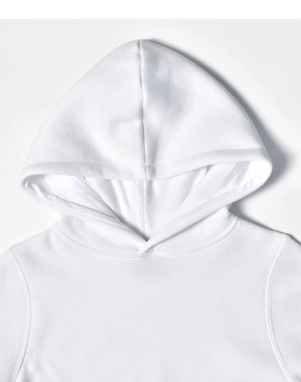 A white fleecy hoodie featuring a close front design and a drawstring hood, with a small logo.