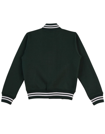 A dark green fleece varsity jacket with contrasting white stripes on the collar and cuffs, featuring a logo.