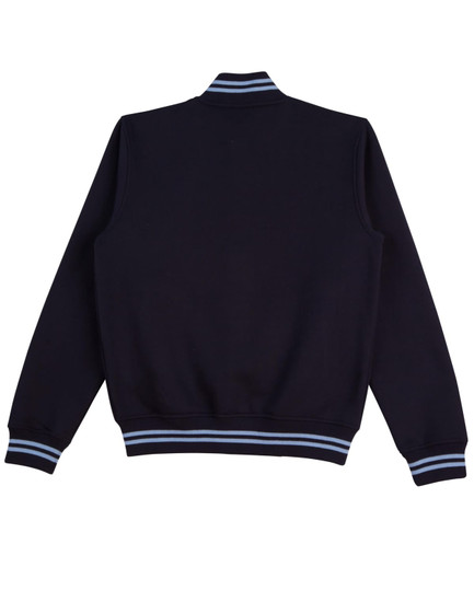 A navy blue kids' fleece varsity jacket featuring striped cuffs and collar, with a logo present.