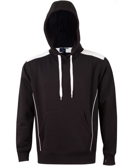 A black hoodie with contrast white detailing and a kangaroo pocket, featuring a hood and drawstrings.