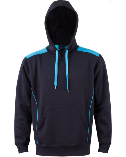 A navy hoodie with teal contrast accents and a kangaroo pocket, featuring a hood and a branding logo.