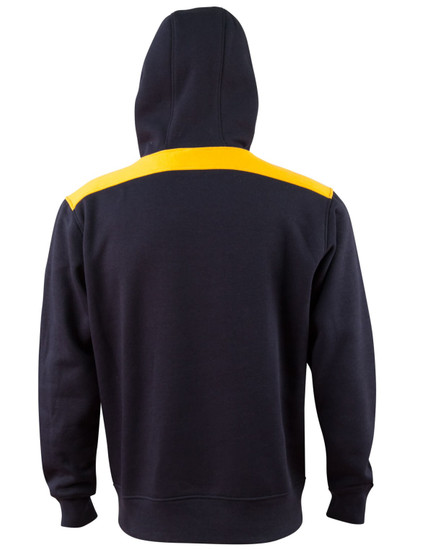 A navy hoodie with a yellow contrast stripe across the shoulders and a kangaroo pocket. It features a hood and branding.