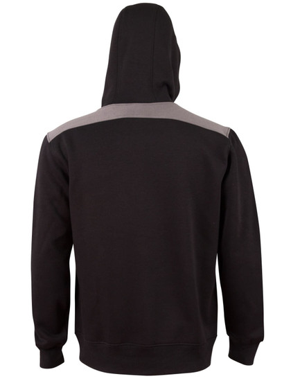 A black hoodie featuring a contrasting grey upper section and a hood, with a logo on the back.