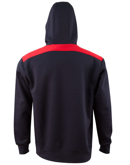 A navy hoodie with a red contrast stripe across the shoulders and a hood. Features a logo on the front.
