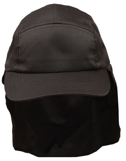 A black poly cotton legionnaire hat with a wide brim and neck flap, featuring a logo.