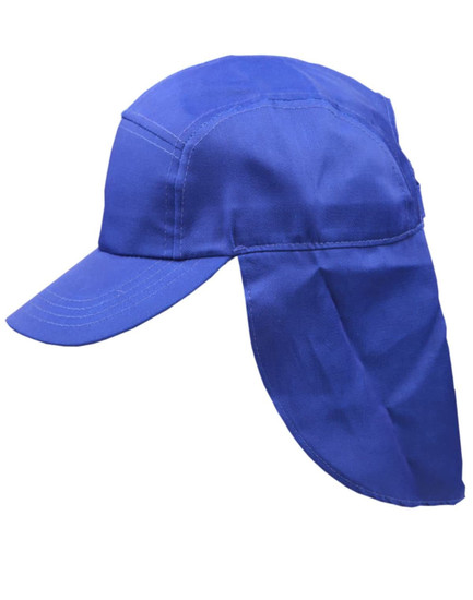 A blue poly cotton legionnaire hat with a wide brim and protective neck flap. It features a logo.