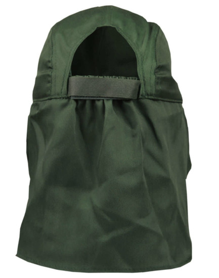 A green poly cotton legionnaire hat with an open back and an attached strap. Features a logo on the side.