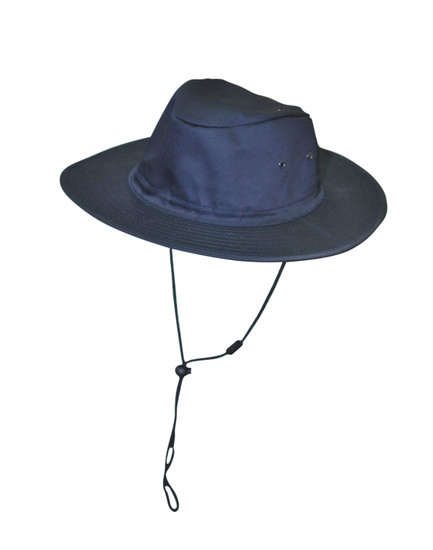 A navy blue slouch hat featuring a break-away clip and an adjustable chin strap. It has a durable design with ventilation holes.