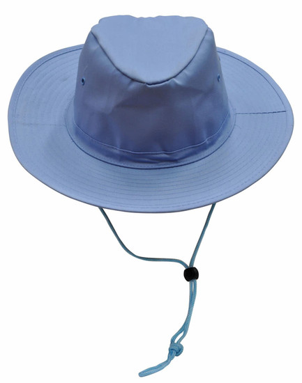 A light blue slouch hat featuring a wide brim and a break-away clip for secure fit. Includes a drawstring for adjustment.
