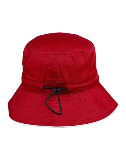 A red bucket hat with a toggle adjustment and a wide brim. The hat features a simple design and has a logo.