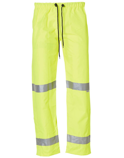Hi-Vis yellow safety pants featuring reflective 3M tape, designed for high visibility and safety.