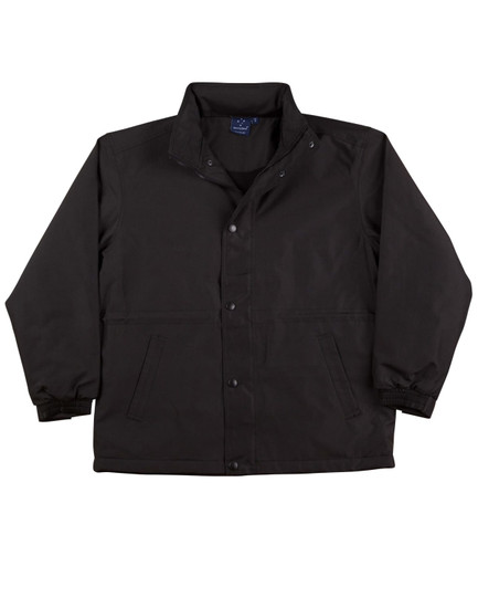 A black varsity jacket featuring a button-up front, side pockets, and elastic cuffs. Includes a logo.