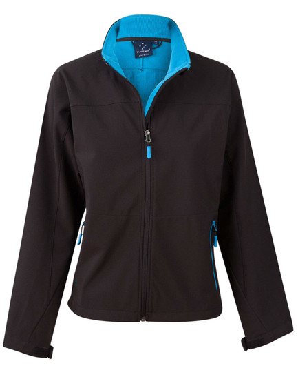 A black softshell jacket with a teal interior and contrasting zipper details, featuring side pockets and a zip front.