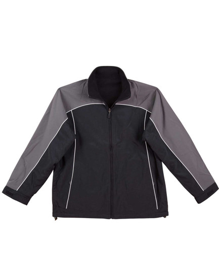 A reversible jacket in black and grey with contrasting design elements and a logo on the left side.