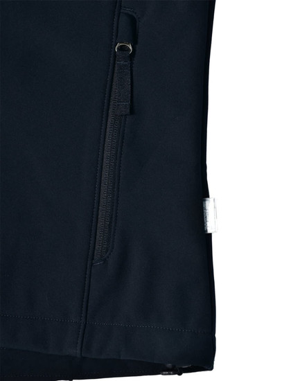 A black ladies softshell jacket featuring a zip pocket and a logo on the side.